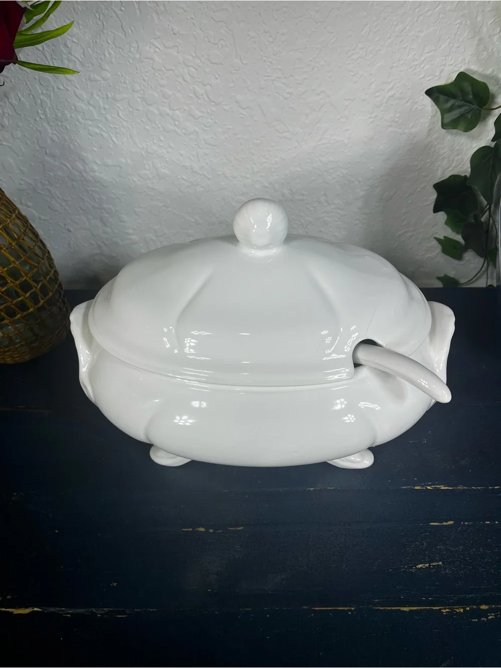 Classic White Porcelain Covered Soup Tureen with Ladle Loucartes, Portugal